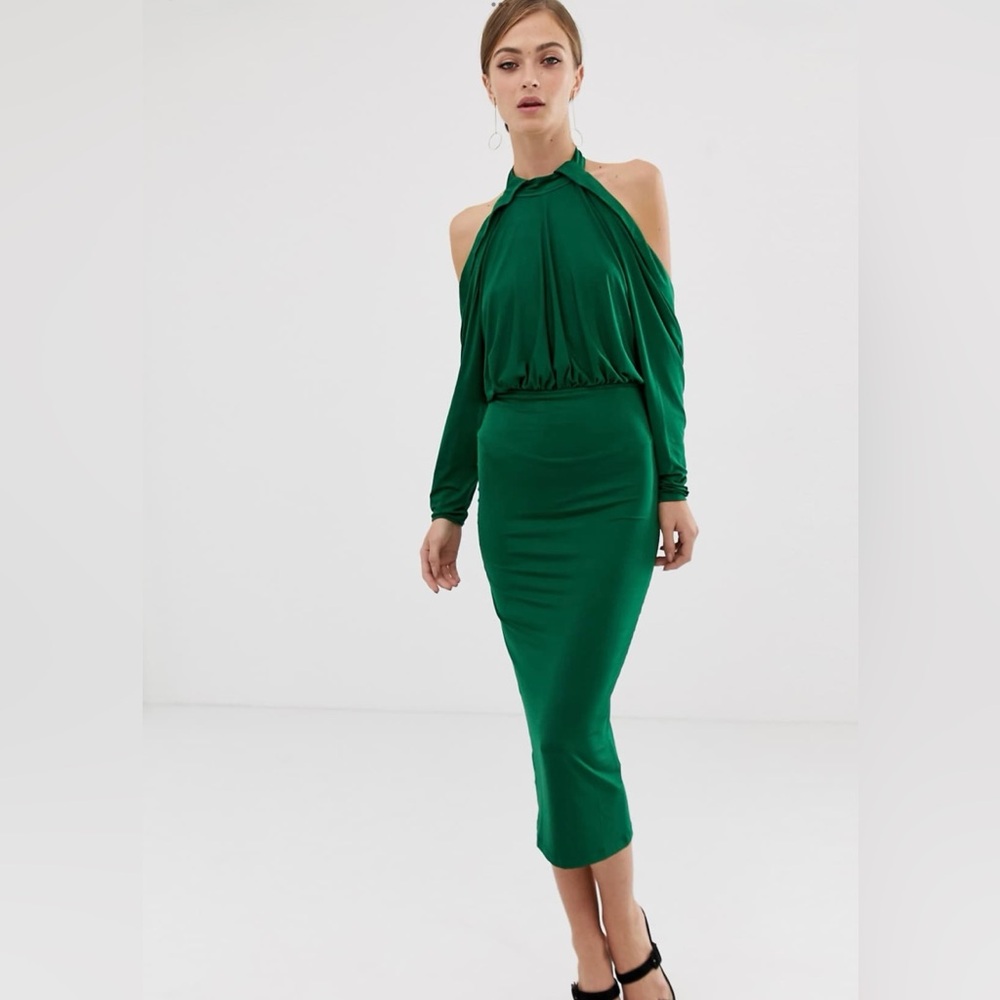 Elegant Green slinky high neck blouson sleeve open back midi dress 10